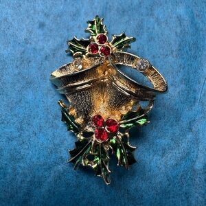 Elegant Gold and Red Holly Brooch Christmas Bells Brooch, Holly, Signed AVANTE
